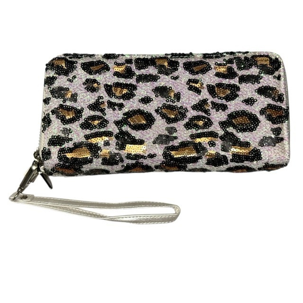 Brentano Double Zipper Wallet Leopard Beads Sequins Pearl White Wristlet Strap